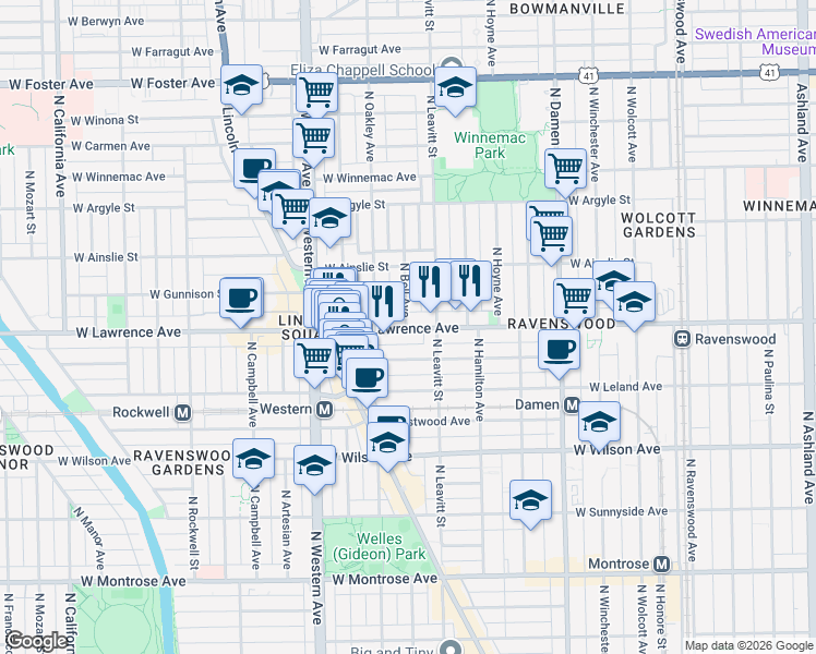 map of restaurants, bars, coffee shops, grocery stores, and more near 2233 West Lawrence Avenue in Chicago