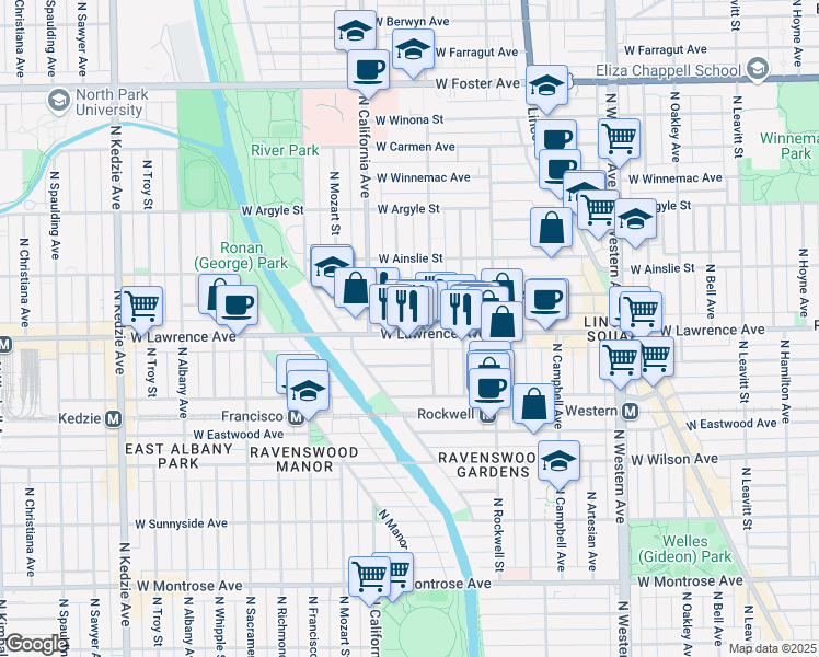 map of restaurants, bars, coffee shops, grocery stores, and more near 2731 West Lawrence Avenue in Chicago