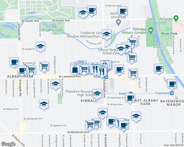 map of restaurants, bars, coffee shops, grocery stores, and more near 3456 West Lawrence Avenue in Chicago