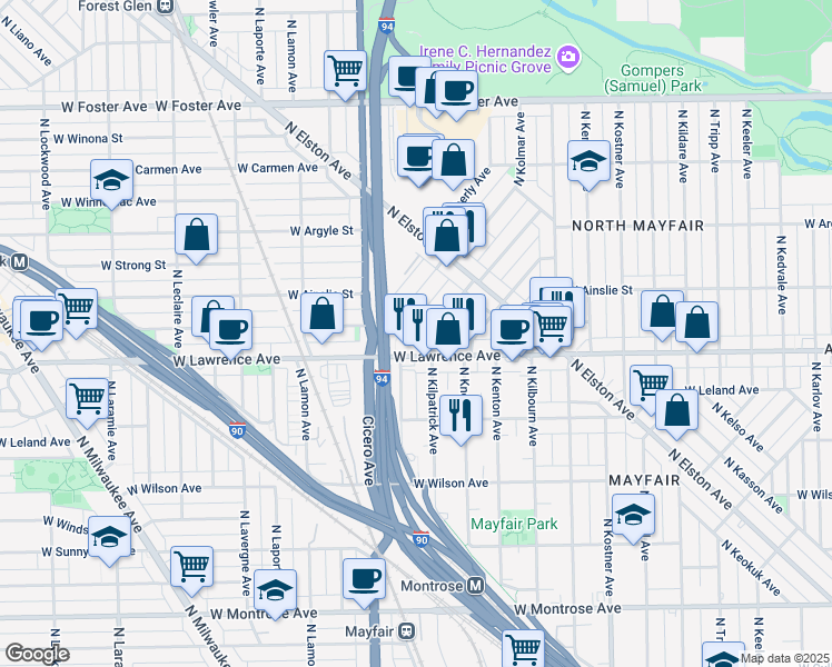 map of restaurants, bars, coffee shops, grocery stores, and more near 4660 West Lawrence Avenue in Chicago