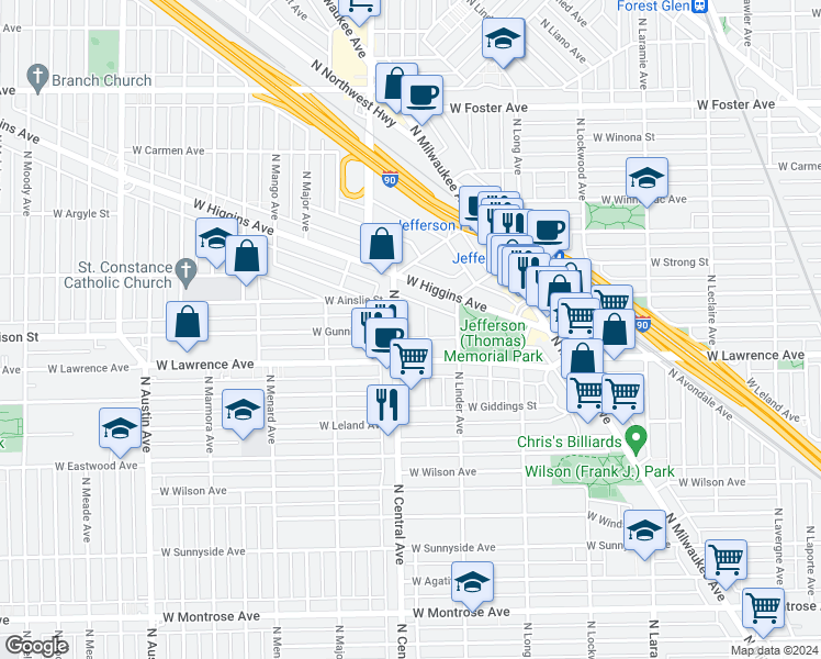 map of restaurants, bars, coffee shops, grocery stores, and more near 4833 North Central Avenue in Chicago