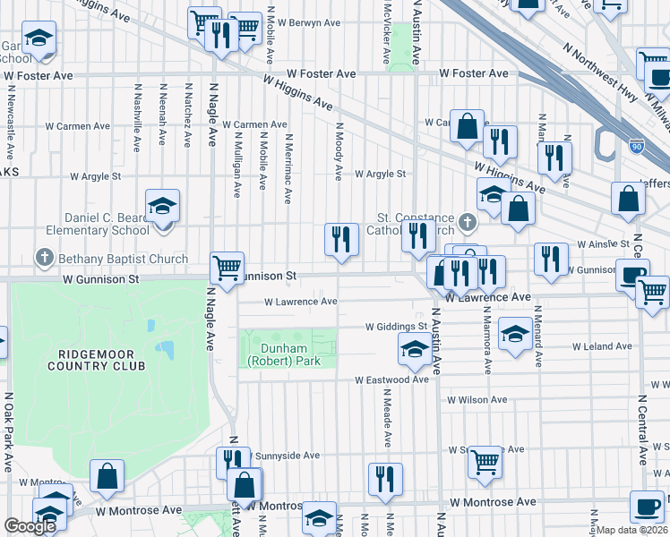 map of restaurants, bars, coffee shops, grocery stores, and more near 6110 West Gunnison Street in Chicago