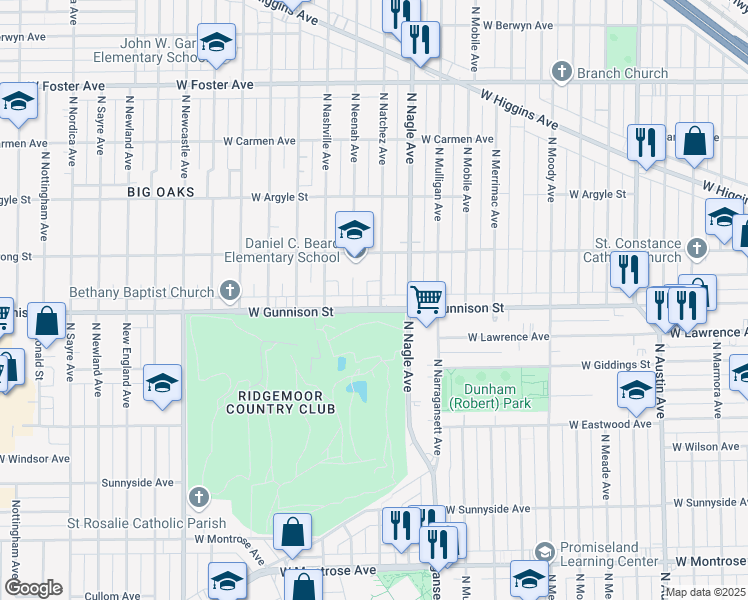 map of restaurants, bars, coffee shops, grocery stores, and more near 6400 West Gunnison Street in Harwood Heights