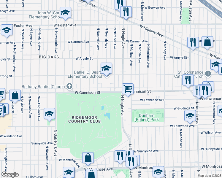 map of restaurants, bars, coffee shops, grocery stores, and more near 6400 West Gunnison Street in Harwood Heights