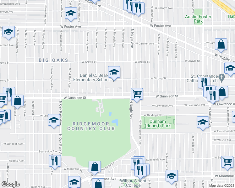 map of restaurants, bars, coffee shops, grocery stores, and more near 6500 West Gunnison Street in Harwood Heights