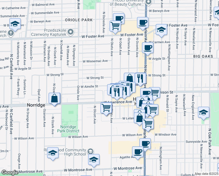 map of restaurants, bars, coffee shops, grocery stores, and more near 7421 West Ainslie Street in Chicago