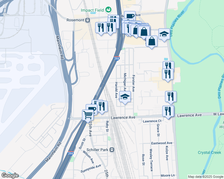 map of restaurants, bars, coffee shops, grocery stores, and more near 4916 Harold Avenue in Schiller Park