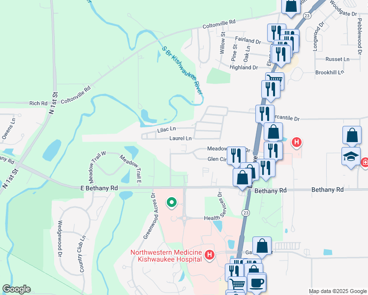 map of restaurants, bars, coffee shops, grocery stores, and more near 615 Meadow Creek Drive in DeKalb