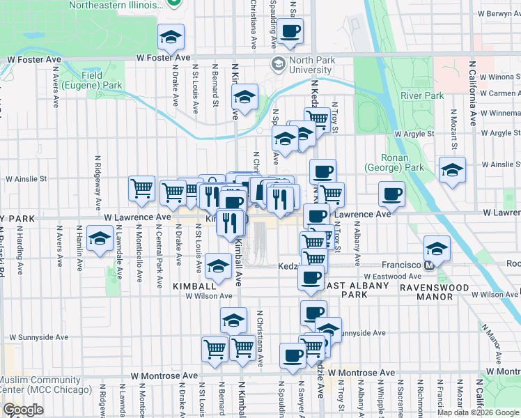 map of restaurants, bars, coffee shops, grocery stores, and more near in Chicago