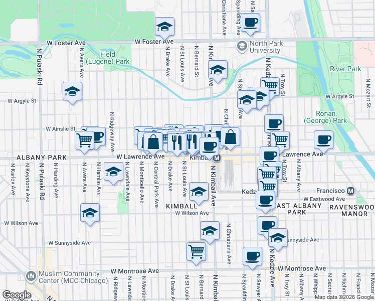 map of restaurants, bars, coffee shops, grocery stores, and more near 3456 West Lawrence Avenue in Chicago