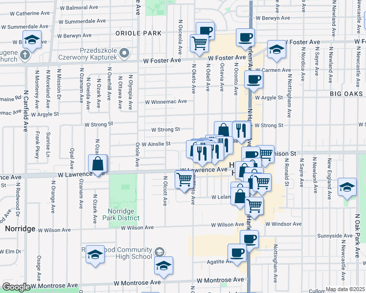map of restaurants, bars, coffee shops, grocery stores, and more near 7421 West Ainslie Street in Chicago