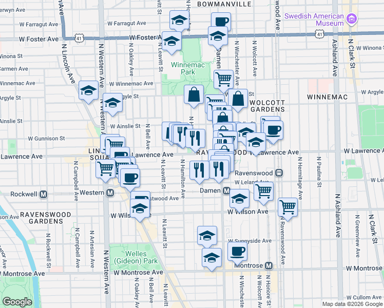 map of restaurants, bars, coffee shops, grocery stores, and more near West Lawrence Avenue & North Hoyne Avenue in Chicago