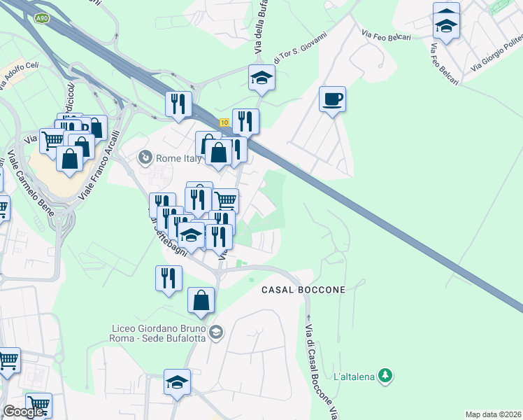 map of restaurants, bars, coffee shops, grocery stores, and more near 44 Via Guglielmo Petroni in La Cinquina - Bufalotta