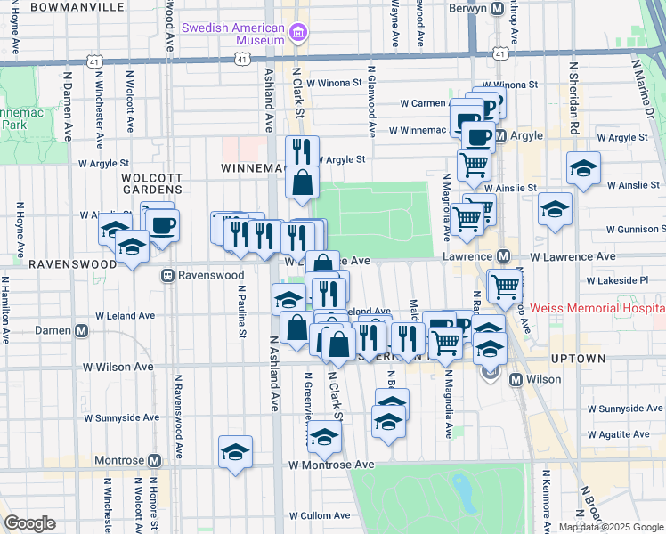 map of restaurants, bars, coffee shops, grocery stores, and more near 4746 North Dover Street in Chicago