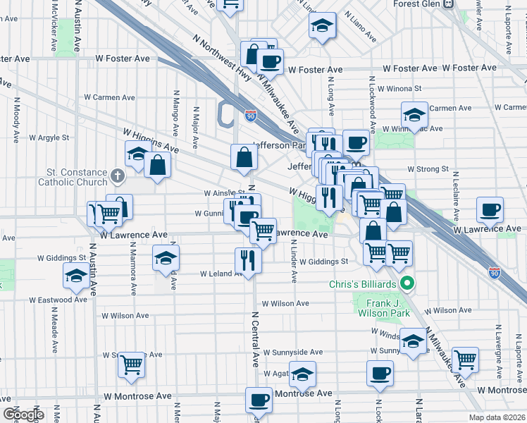 map of restaurants, bars, coffee shops, grocery stores, and more near 5534 West Lawrence Avenue in Chicago