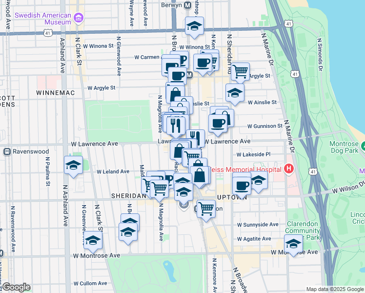 map of restaurants, bars, coffee shops, grocery stores, and more near 4730 North Winthrop Avenue in Chicago