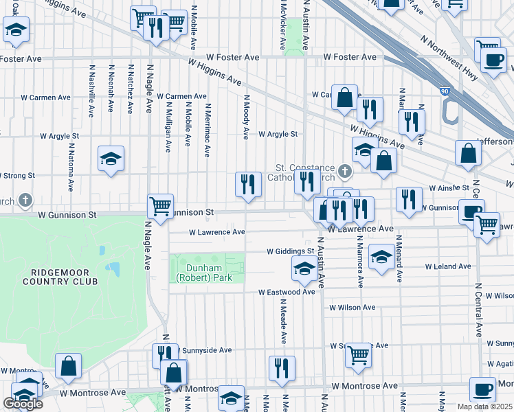 map of restaurants, bars, coffee shops, grocery stores, and more near 6110 West Gunnison Street in Chicago