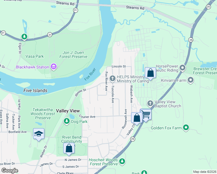map of restaurants, bars, coffee shops, grocery stores, and more near 6N823 Fox River Avenue in St. Charles