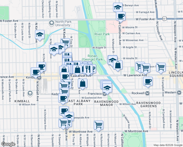 map of restaurants, bars, coffee shops, grocery stores, and more near 3000 West Lawrence Avenue in Chicago