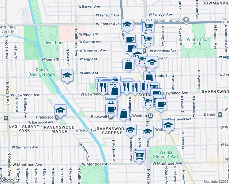 map of restaurants, bars, coffee shops, grocery stores, and more near 2541 West Lawrence Avenue in Chicago
