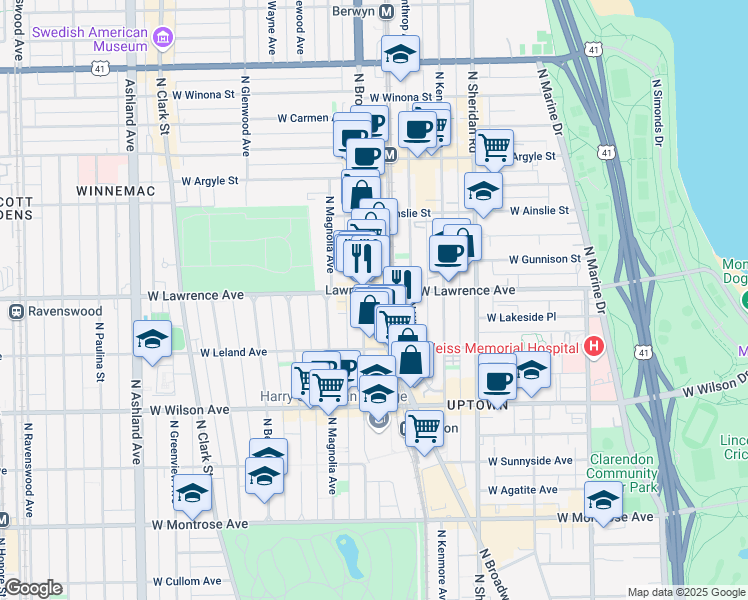 map of restaurants, bars, coffee shops, grocery stores, and more near 1123 West Lawrence Avenue in Chicago