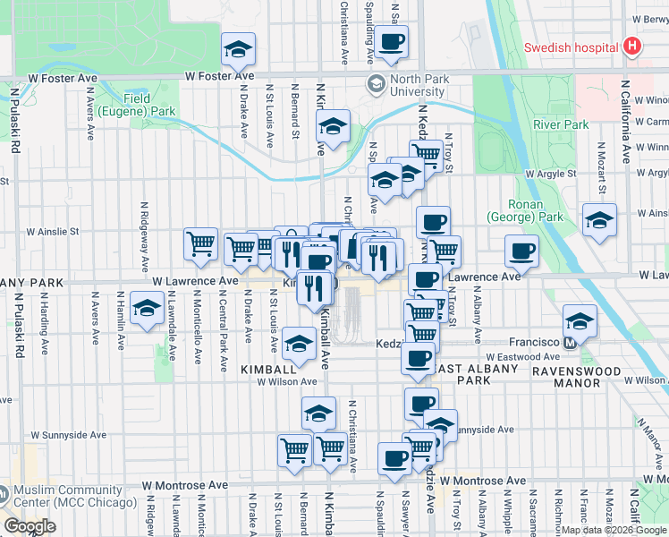 map of restaurants, bars, coffee shops, grocery stores, and more near 3348 West Lawrence Avenue in Chicago