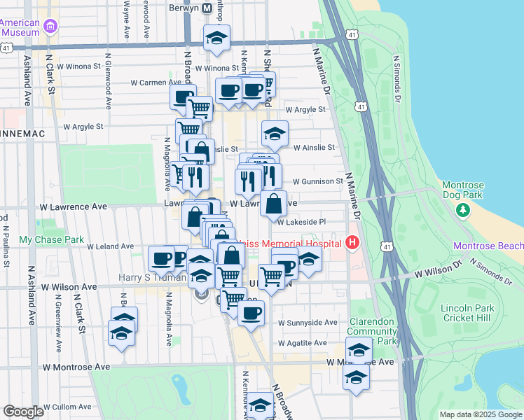 map of restaurants, bars, coffee shops, grocery stores, and more near 4741 North Kenmore Avenue in Chicago