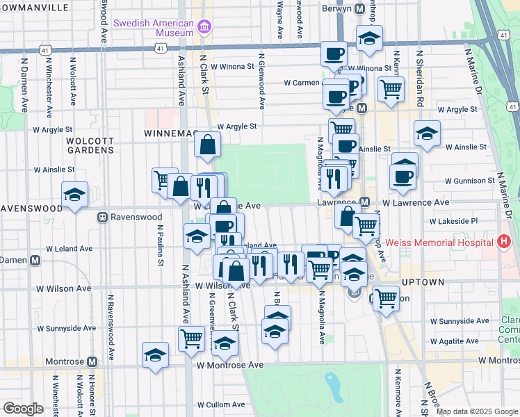 map of restaurants, bars, coffee shops, grocery stores, and more near 4756 North Beacon Street in Chicago