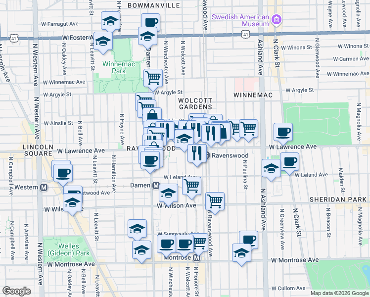 map of restaurants, bars, coffee shops, grocery stores, and more near W Lawrence Ave & N Wolcott Ave in Chicago