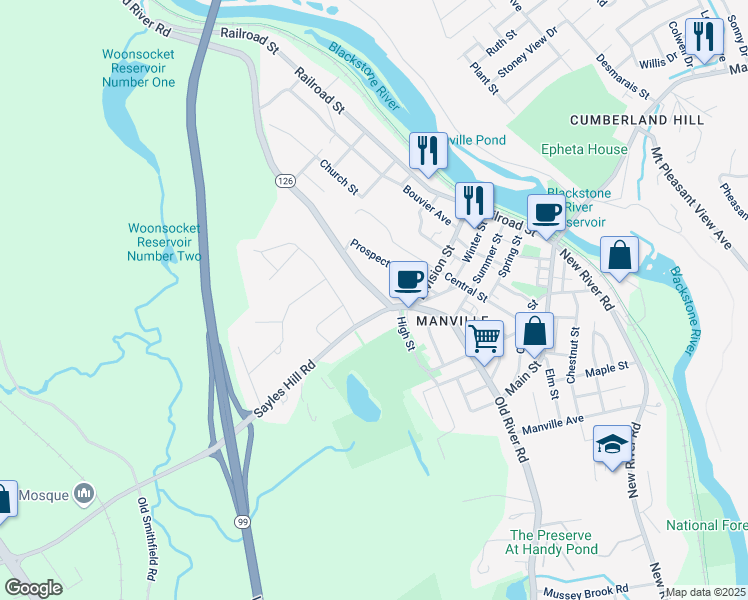 map of restaurants, bars, coffee shops, grocery stores, and more near 1 Sayles Hill Road in Lincoln