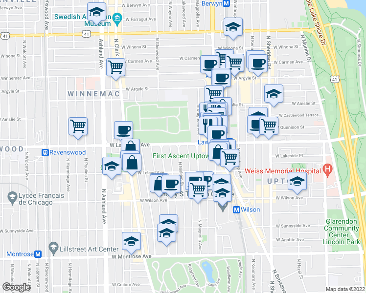 map of restaurants, bars, coffee shops, grocery stores, and more near 4744 North Malden Street in Chicago