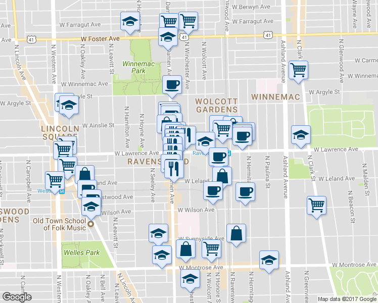 map of restaurants, bars, coffee shops, grocery stores, and more near 1945 West Lawrence Avenue in Chicago