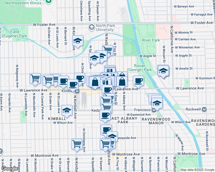 map of restaurants, bars, coffee shops, grocery stores, and more near 3148 West Lawrence Avenue in Chicago