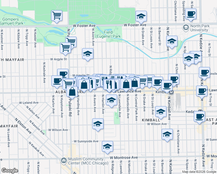 map of restaurants, bars, coffee shops, grocery stores, and more near 3760 West Lawrence Avenue in Chicago