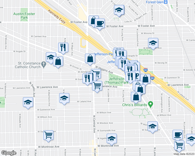 map of restaurants, bars, coffee shops, grocery stores, and more near 5534 West Lawrence Avenue in Chicago