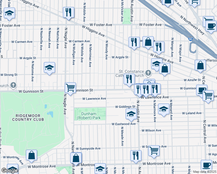 map of restaurants, bars, coffee shops, grocery stores, and more near 6110 West Gunnison Street in Chicago