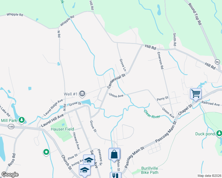 map of restaurants, bars, coffee shops, grocery stores, and more near 287 Union Avenue in Burrillville