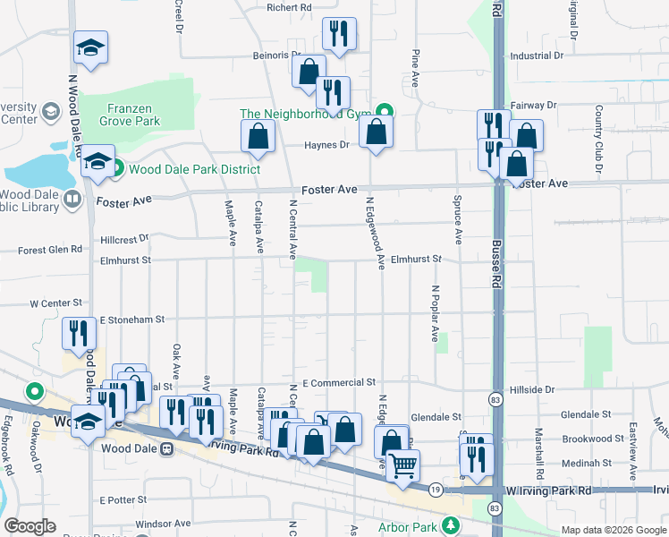 map of restaurants, bars, coffee shops, grocery stores, and more near 356 Elmhurst Street in Wood Dale