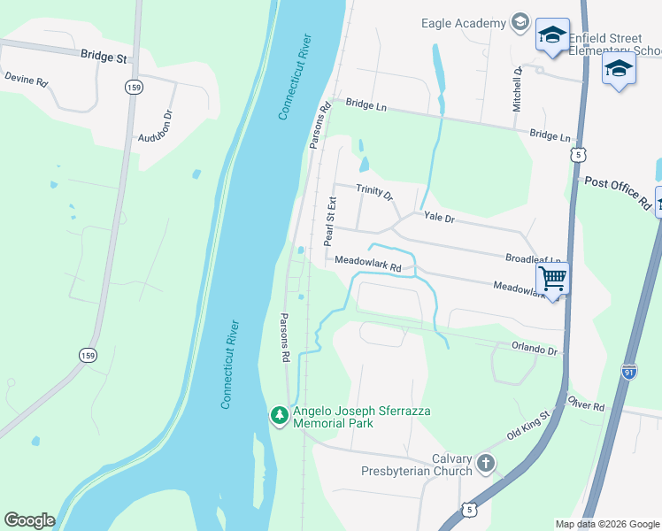 map of restaurants, bars, coffee shops, grocery stores, and more near 64 Meadowlark Road in Enfield