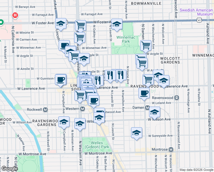 map of restaurants, bars, coffee shops, grocery stores, and more near 4801 North Bell Avenue in Chicago