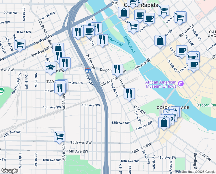 map of restaurants, bars, coffee shops, grocery stores, and more near 211 8th Avenue Southwest in Cedar Rapids