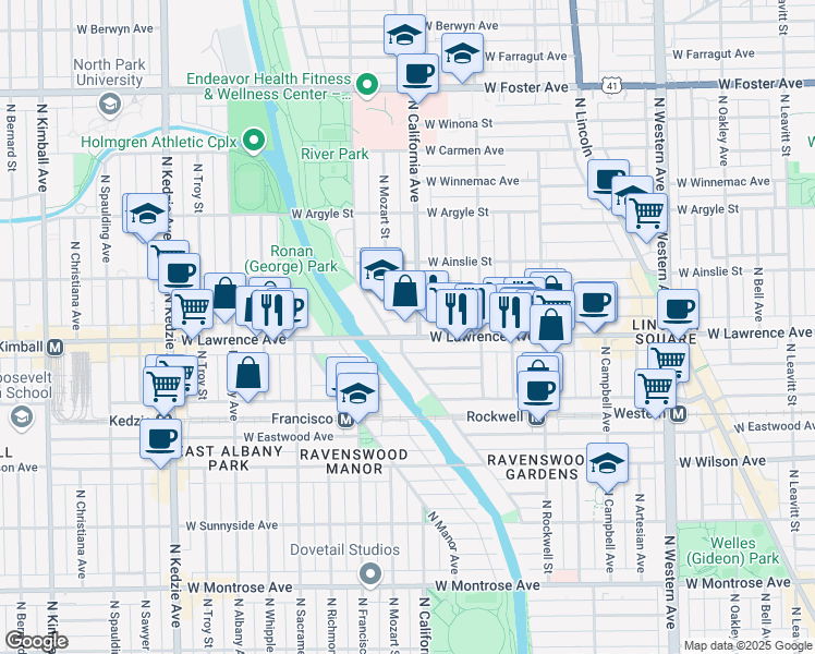 map of restaurants, bars, coffee shops, grocery stores, and more near 2800 West Lawrence Avenue in Chicago