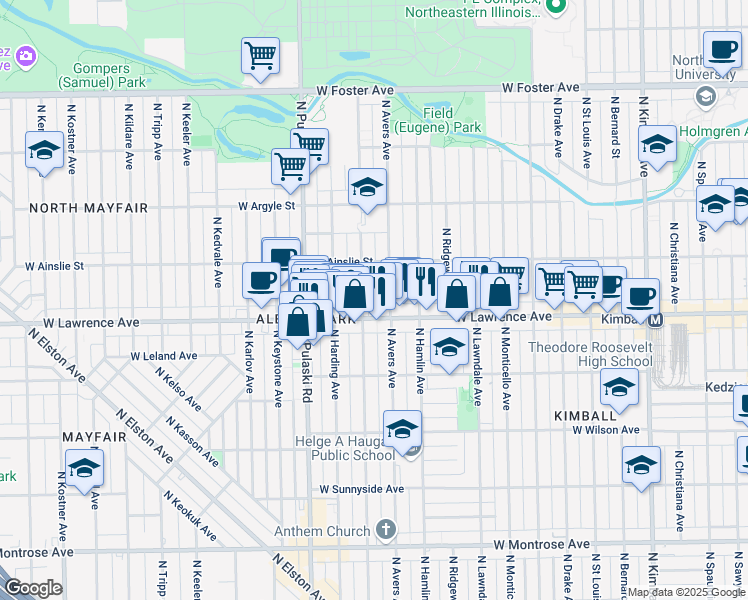 map of restaurants, bars, coffee shops, grocery stores, and more near 4823 North Springfield Avenue in Chicago