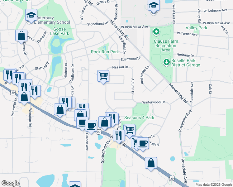 map of restaurants, bars, coffee shops, grocery stores, and more near 660 Newport Street South in Roselle