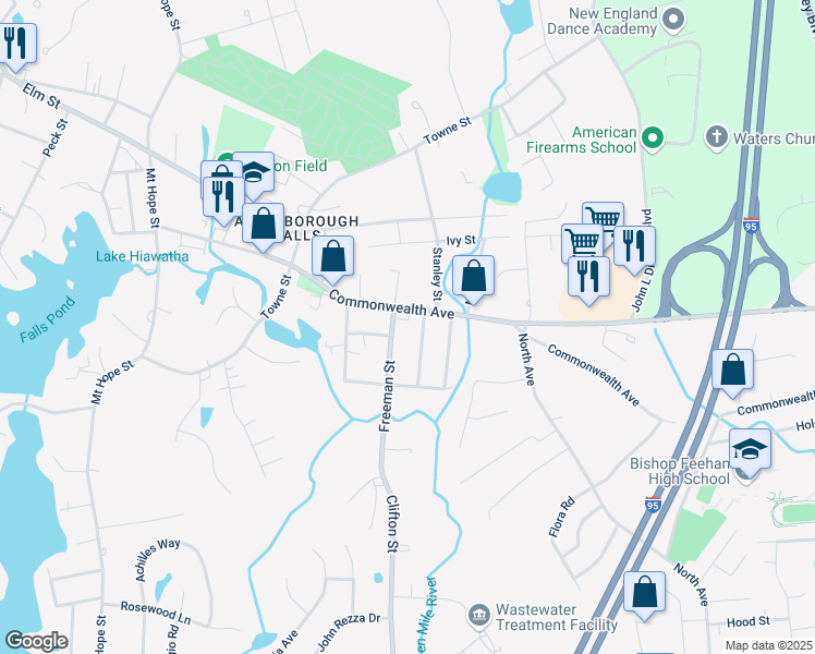 map of restaurants, bars, coffee shops, grocery stores, and more near 10 Freeman Street in North Attleborough