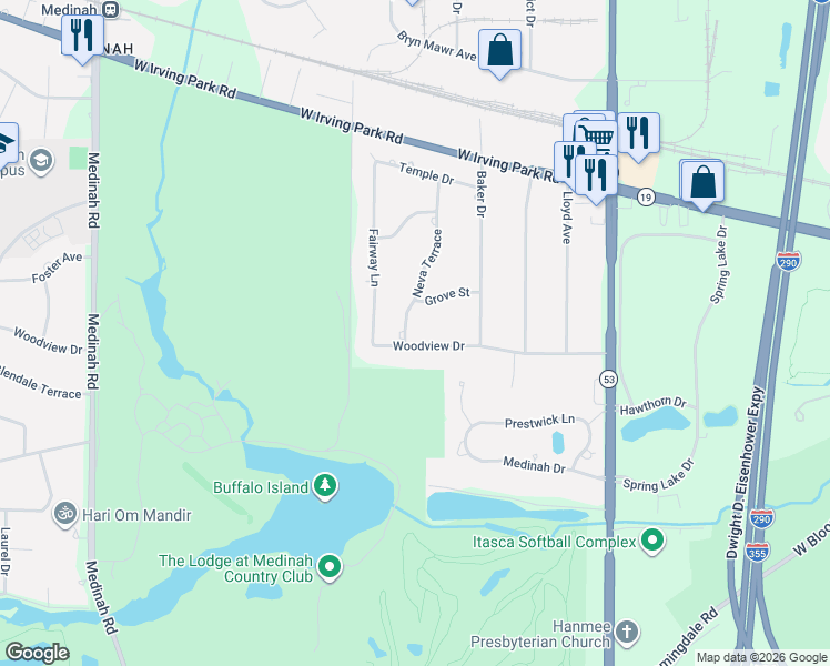 map of restaurants, bars, coffee shops, grocery stores, and more near 333 Woodview Drive in Itasca