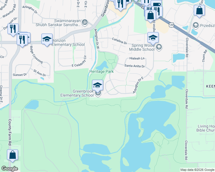 map of restaurants, bars, coffee shops, grocery stores, and more near 5217 Arlington Circle in Hanover Park