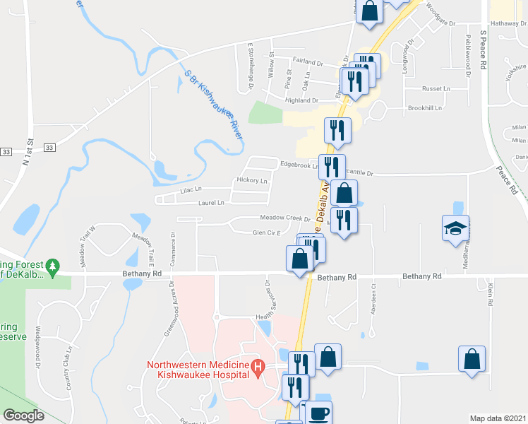map of restaurants, bars, coffee shops, grocery stores, and more near 2427 Meadow Creek Drive in Sycamore