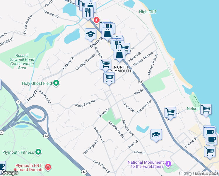 map of restaurants, bars, coffee shops, grocery stores, and more near 148 Standish Avenue in Plymouth