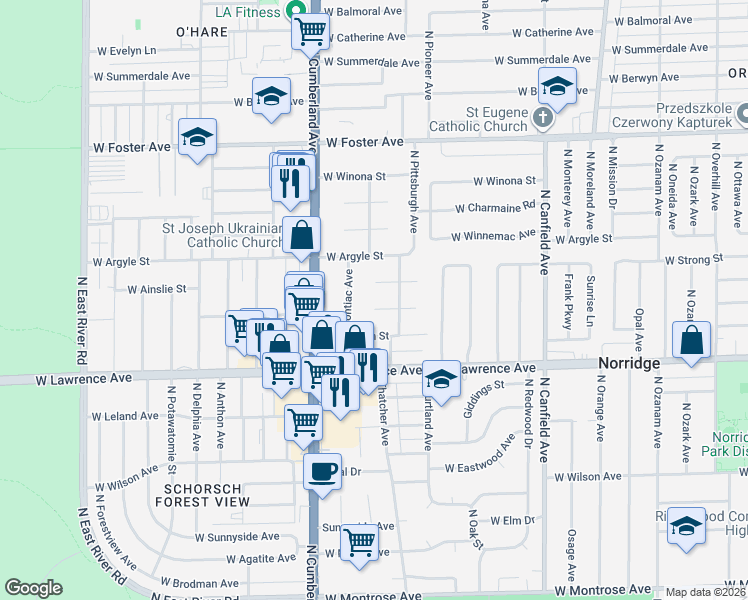 map of restaurants, bars, coffee shops, grocery stores, and more near 8281 West Ainslie Street in Norridge